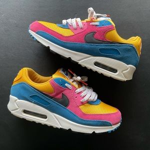 Nike Air Max 90 Multicolor Suede, Size 10 w/Custom Laced Up Laces, Pre-Loved.